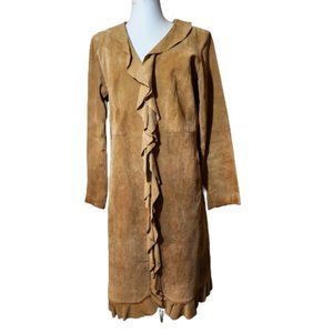 Margaret Godfrey Tan Ruffle Collar Suede Long Coat Women's Size 14
